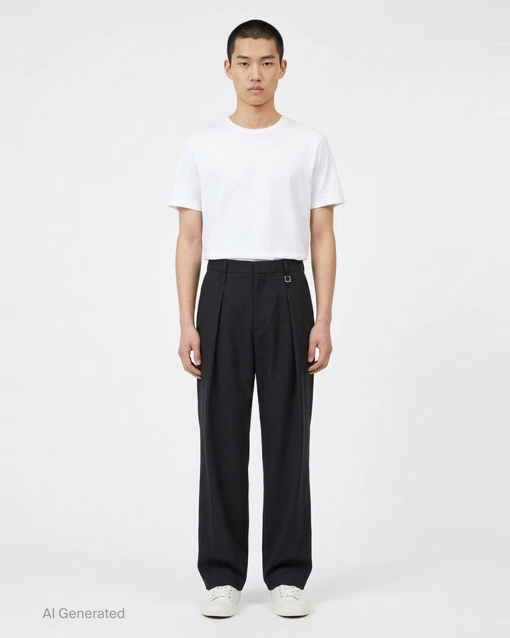 Wooyoungmi black pleated high-rise trousers with double front pleats and side metal buckle adjuster, displayed flat on white background - front