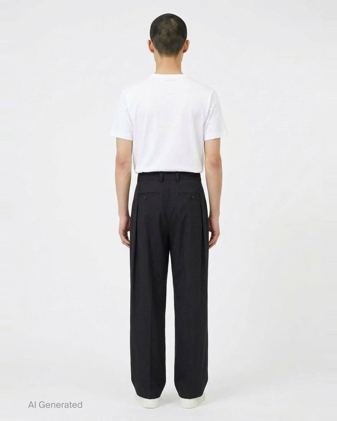 Wooyoungmi black pleated high-rise trousers with double front pleats and side metal buckle adjuster, displayed flat on white background - back