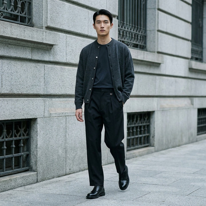 Wooyoungmi black pleated high-rise trousers with double front pleats and side metal buckle adjuster, displayed flat on white background - lifestyle