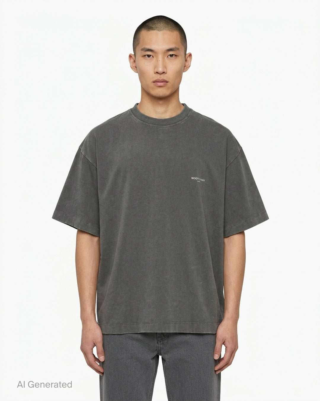 Wooyoungmi Vacances D'Hiver oversized crewneck tee in acid-washed brown with tonal chest logo embroidery - front