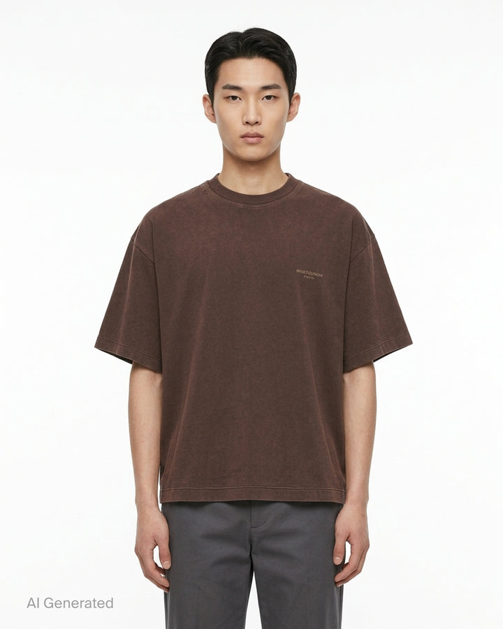 Wooyoungmi Vacances D'Hiver oversized crewneck tee in acid-washed brown with tonal chest logo embroidery - front