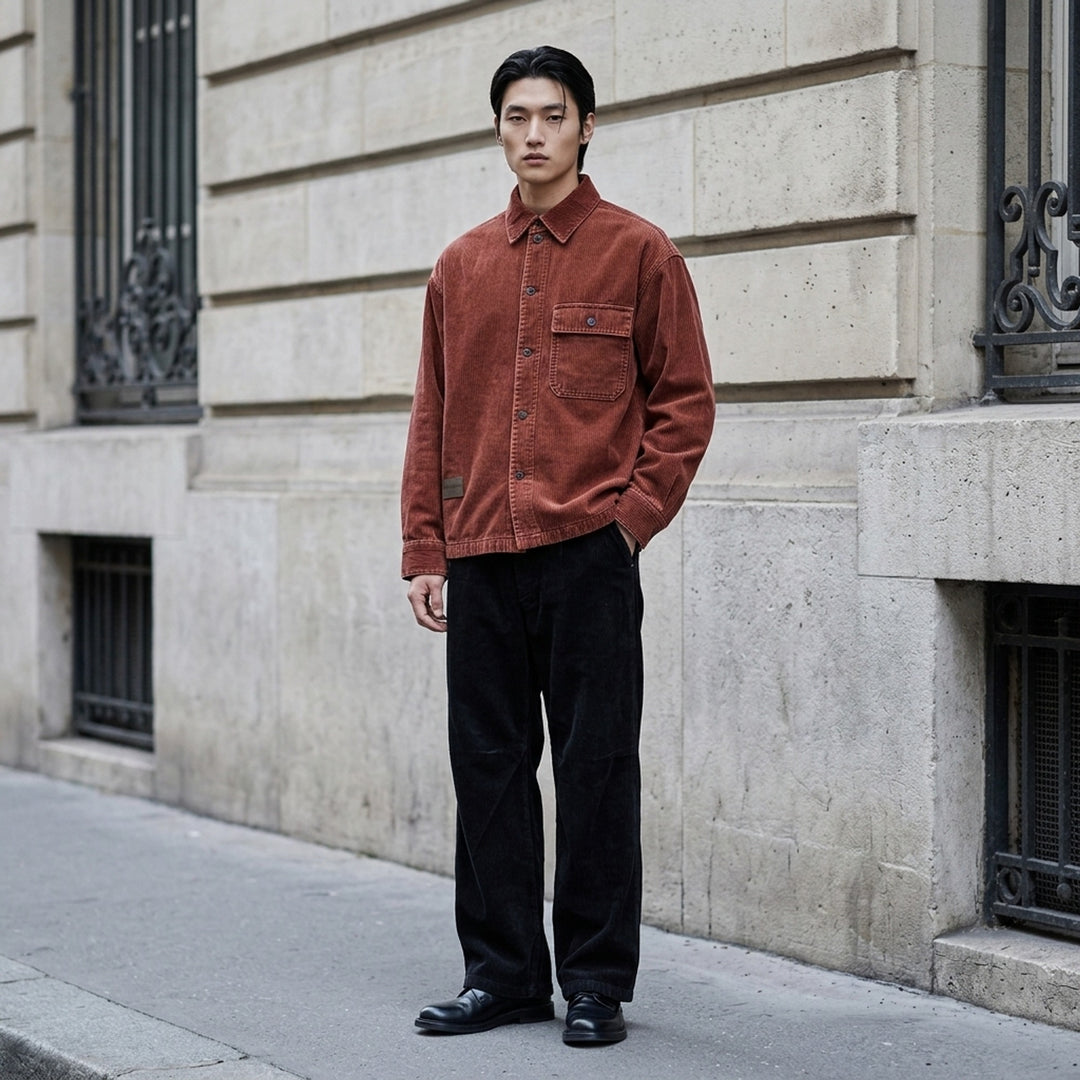 Wooyoungmi Washed Corduroy Overshirt in black, front view, showing ribbed texture, button fastening, chest pocket, and branding label at hem - lifestyle