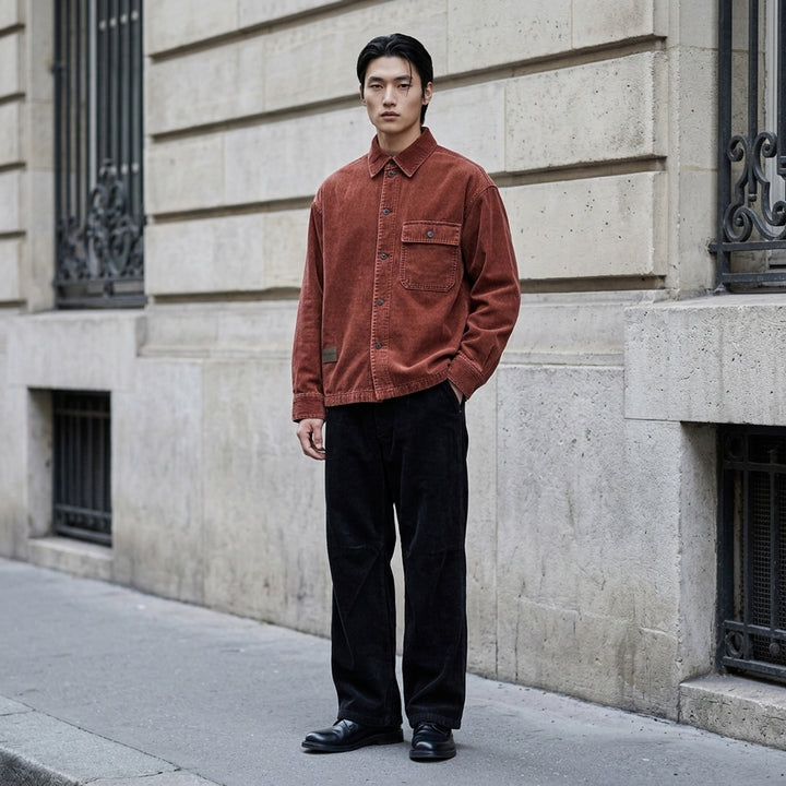 Wooyoungmi Washed Corduroy Overshirt in black, front view, showing ribbed texture, button fastening, chest pocket, and branding label at hem - lifestyle