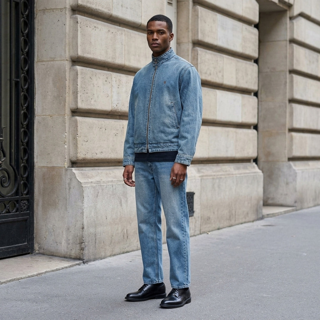 Wooyoungmi washed light indigo denim blouson with funnel collar, brass zip closure, hip pockets, and small logo embroidery on the chest - lifestyle