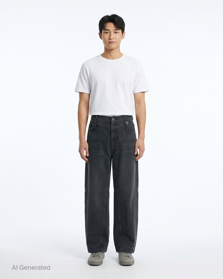 Wooyoungmi wide leg jeans in washed dark indigo denim with paneled knees and square metal waistband hardware, shown flat from the front - front