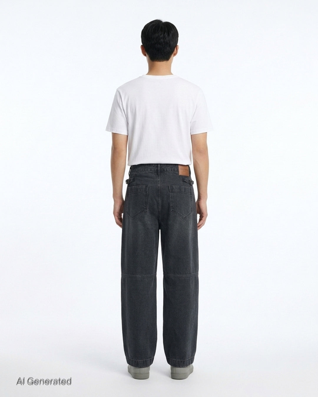 Wooyoungmi wide leg jeans in washed dark indigo denim with paneled knees and square metal waistband hardware, shown flat from the front - back