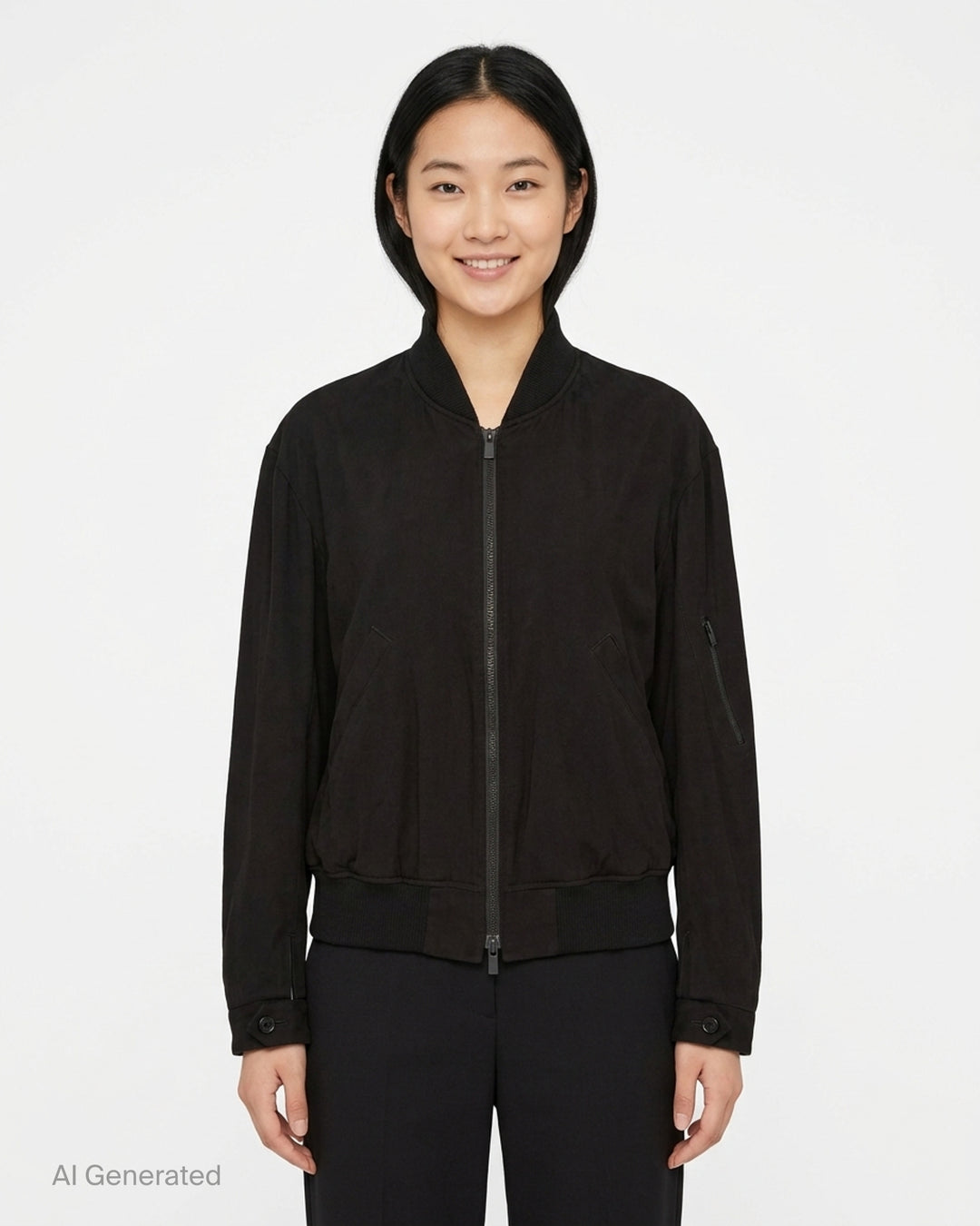 Y's black bomber blouson with ribbed collar, double-zip front, slanted pockets and sleeve zip pocket, shown from the front - front