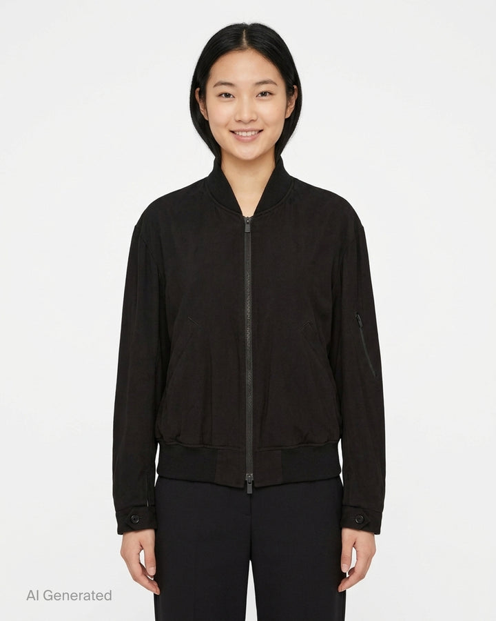 Y's black bomber blouson with ribbed collar, double-zip front, slanted pockets and sleeve zip pocket, shown from the front - front