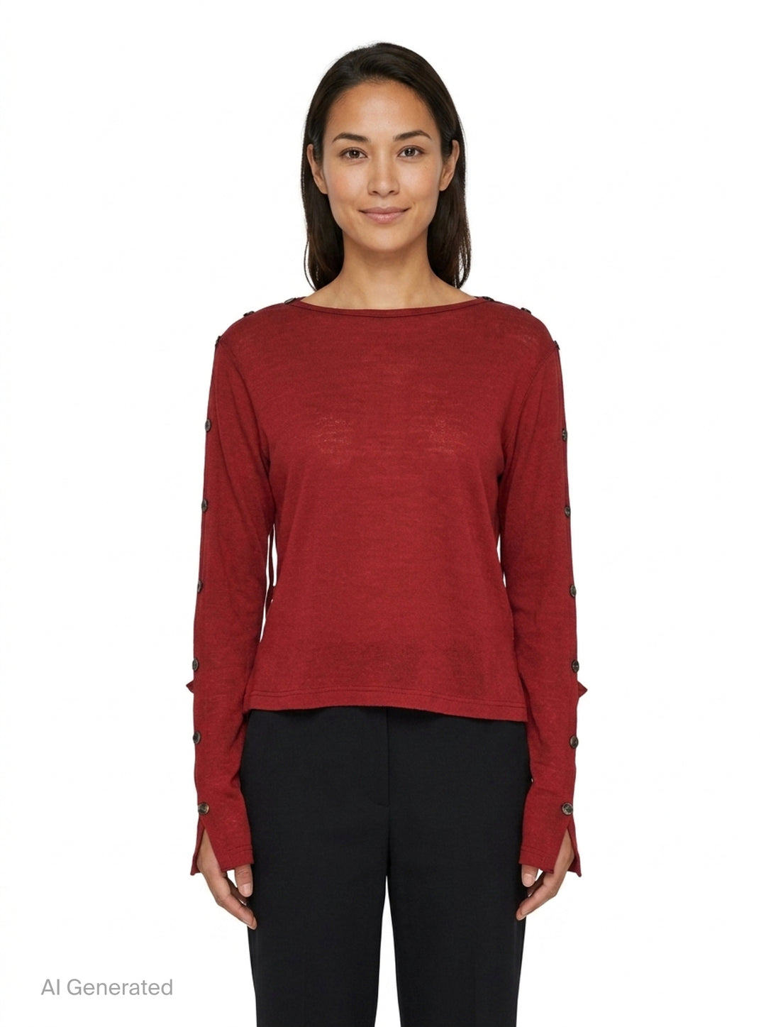 Y's red lightweight knit boat neck top with dark gunmetal buttons running along the full length of both long sleeves, shown flat on a white background - front