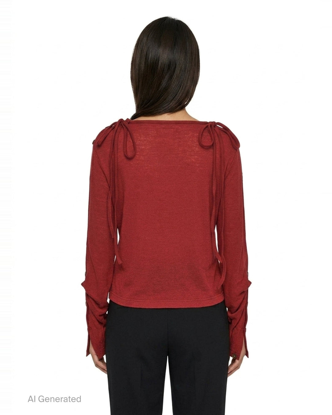 Y's red lightweight knit boat neck top with dark gunmetal buttons running along the full length of both long sleeves, shown flat on a white background - back