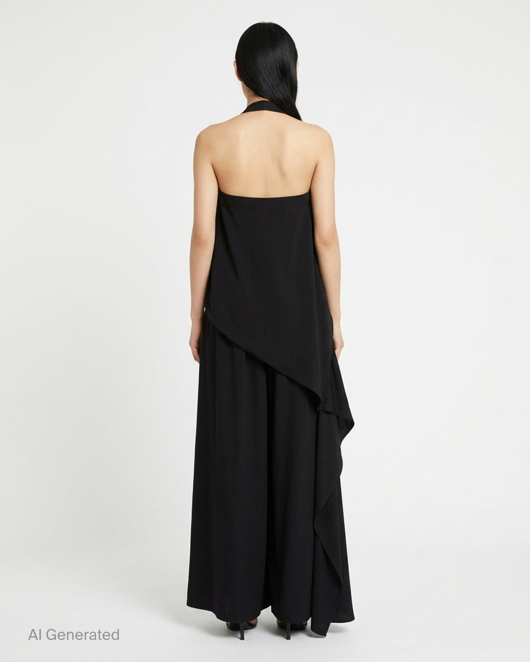 Y's black halter apron jumpsuit with an asymmetric draped bib and wide-leg silhouette, shown from the front - back
