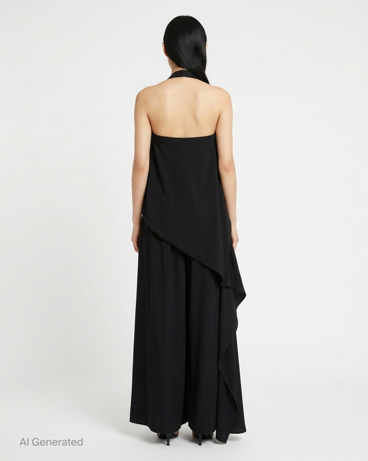 Y's black halter apron jumpsuit with an asymmetric draped bib and wide-leg silhouette, shown from the front - back