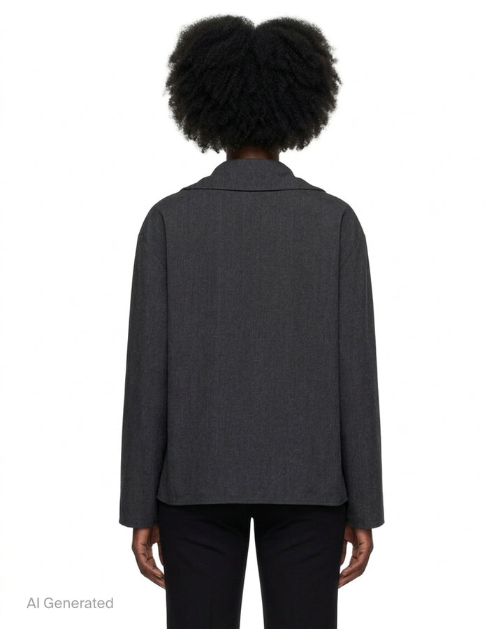 Y's charcoal grey draped asymmetric blouson with cascading ruffle front, notched collar and uneven hem - back