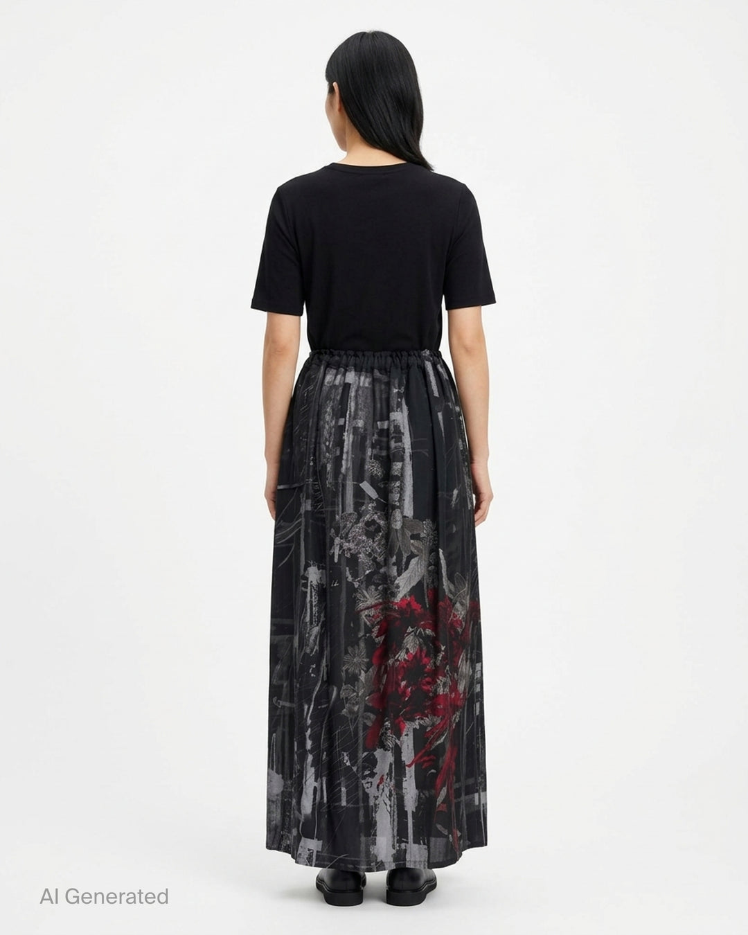 Y's gathered midi skirt in a black, grey and crimson abstract botanical print with drawstring waist and asymmetric draped hem - back