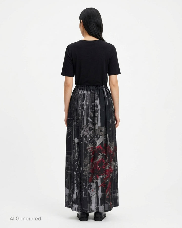 Y's gathered midi skirt in a black, grey and crimson abstract botanical print with drawstring waist and asymmetric draped hem - back