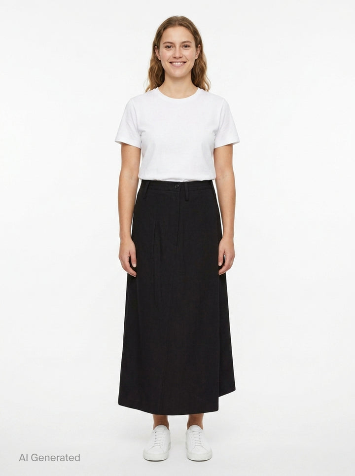 Y's black structured cloth maxi skirt with asymmetric hem, patch pocket, and tailored waistband with button fastening - front
