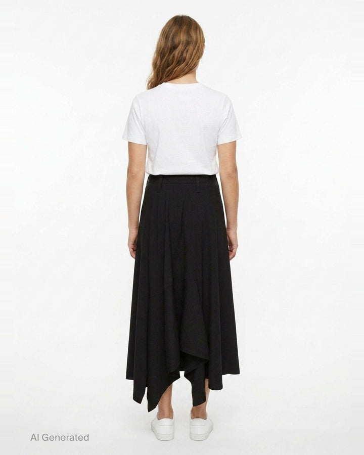 Y's black structured cloth maxi skirt with asymmetric hem, patch pocket, and tailored waistband with button fastening - back