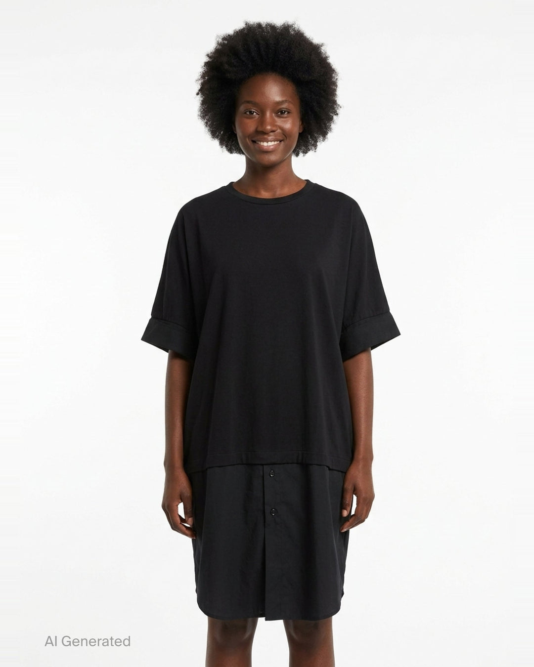 Y's black oversized round neck shirt dress with short folded cuffs, layered T-shirt upper, and buttoned skirt panel, displayed on white background - front
