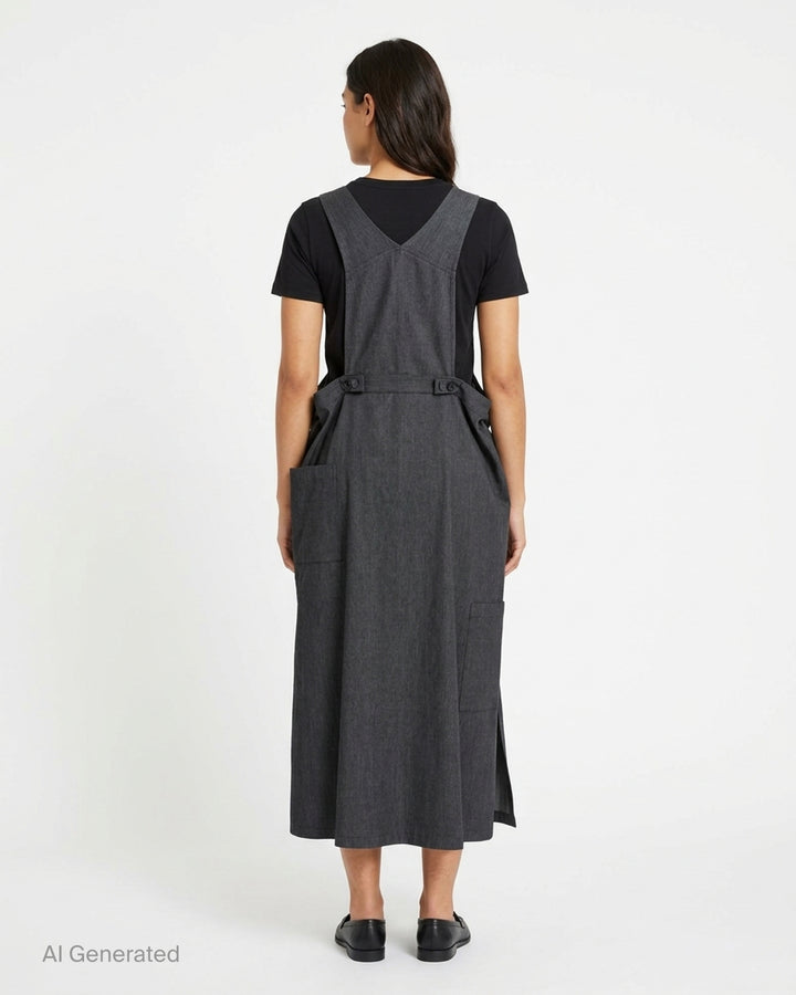 Y's charcoal grey wool salopette pinafore dress with adjustable buckle straps, bib front and oversized side pockets, shown from the front - back