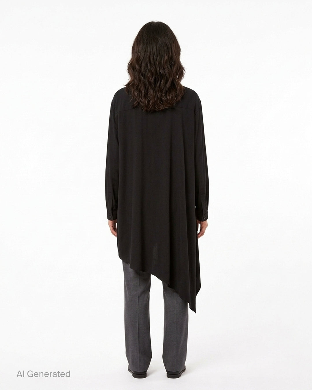 Y's black long-sleeve shirt dress with stand collar, button-through front, patch pocket and asymmetric draped hem - back