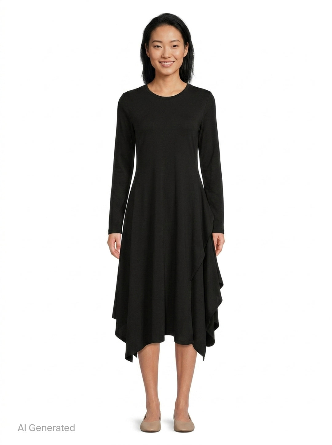 Yohji Yamamoto black long-sleeve asymmetric draped midi dress with cascading ruffle panel and handkerchief hem, front view on white background - front