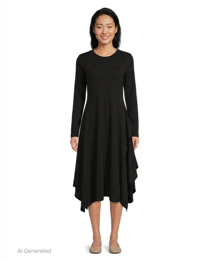 Yohji Yamamoto black long-sleeve asymmetric draped midi dress with cascading ruffle panel and handkerchief hem, front view on white background - front