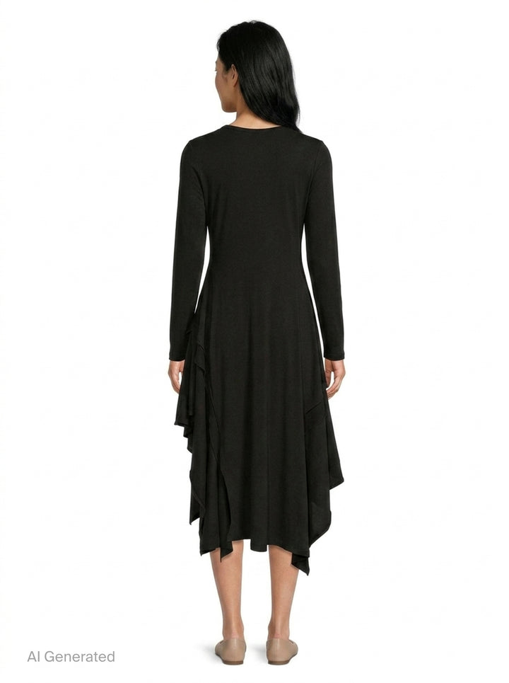 Yohji Yamamoto black long-sleeve asymmetric draped midi dress with cascading ruffle panel and handkerchief hem, front view on white background - back