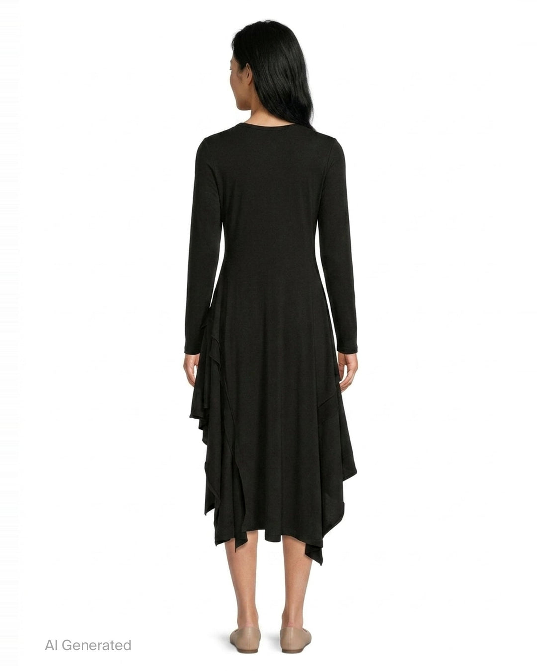 Yohji Yamamoto black long-sleeve asymmetric draped midi dress with cascading ruffle panel and handkerchief hem, front view on white background - back