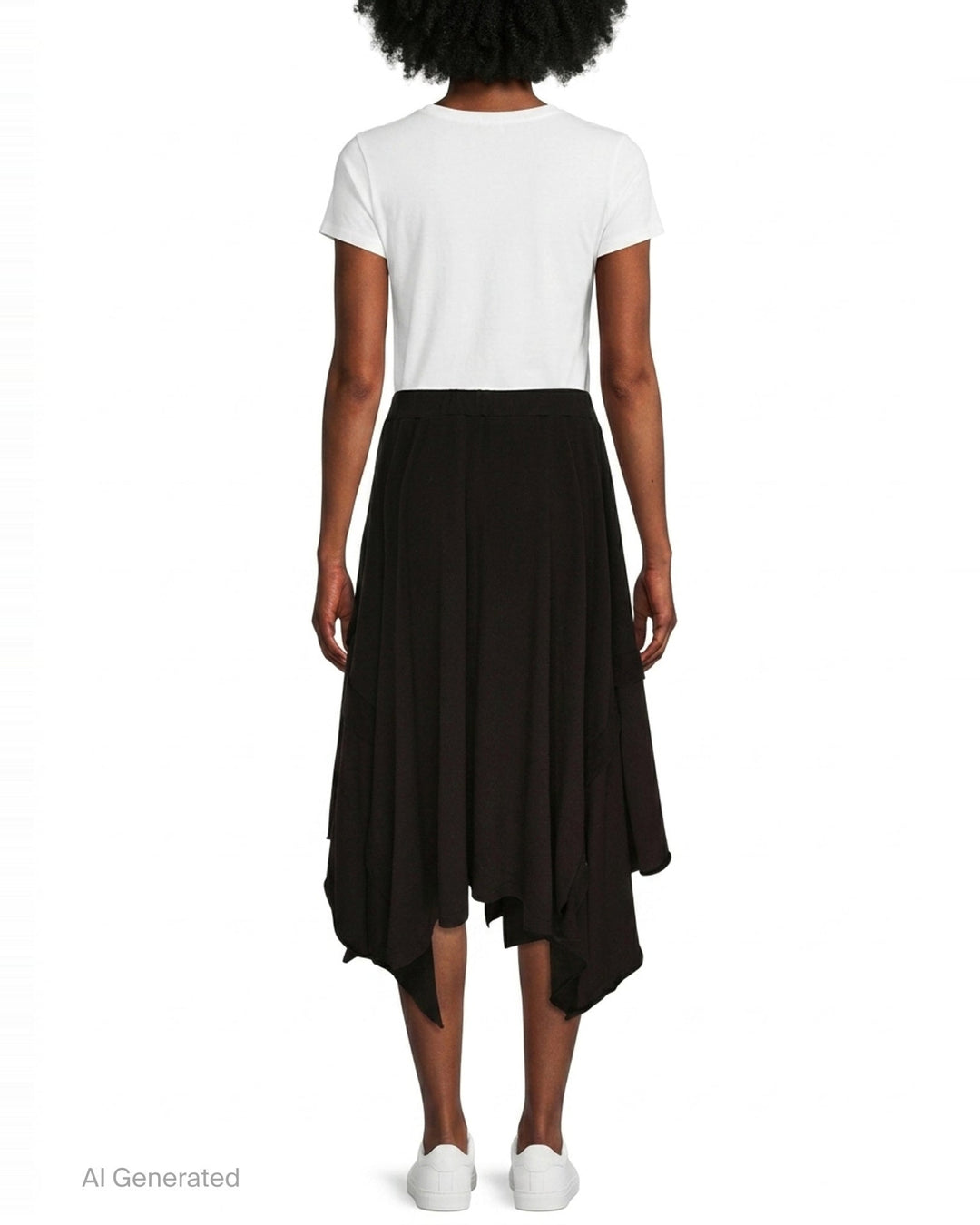 Yohji Yamamoto black draped midi skirt with asymmetric handkerchief hem and multiple pointed fabric panels, shown on white background - back