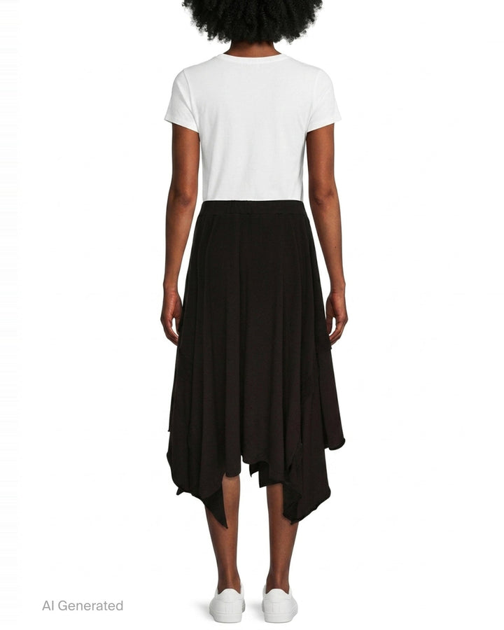 Yohji Yamamoto black draped midi skirt with asymmetric handkerchief hem and multiple pointed fabric panels, shown on white background - back