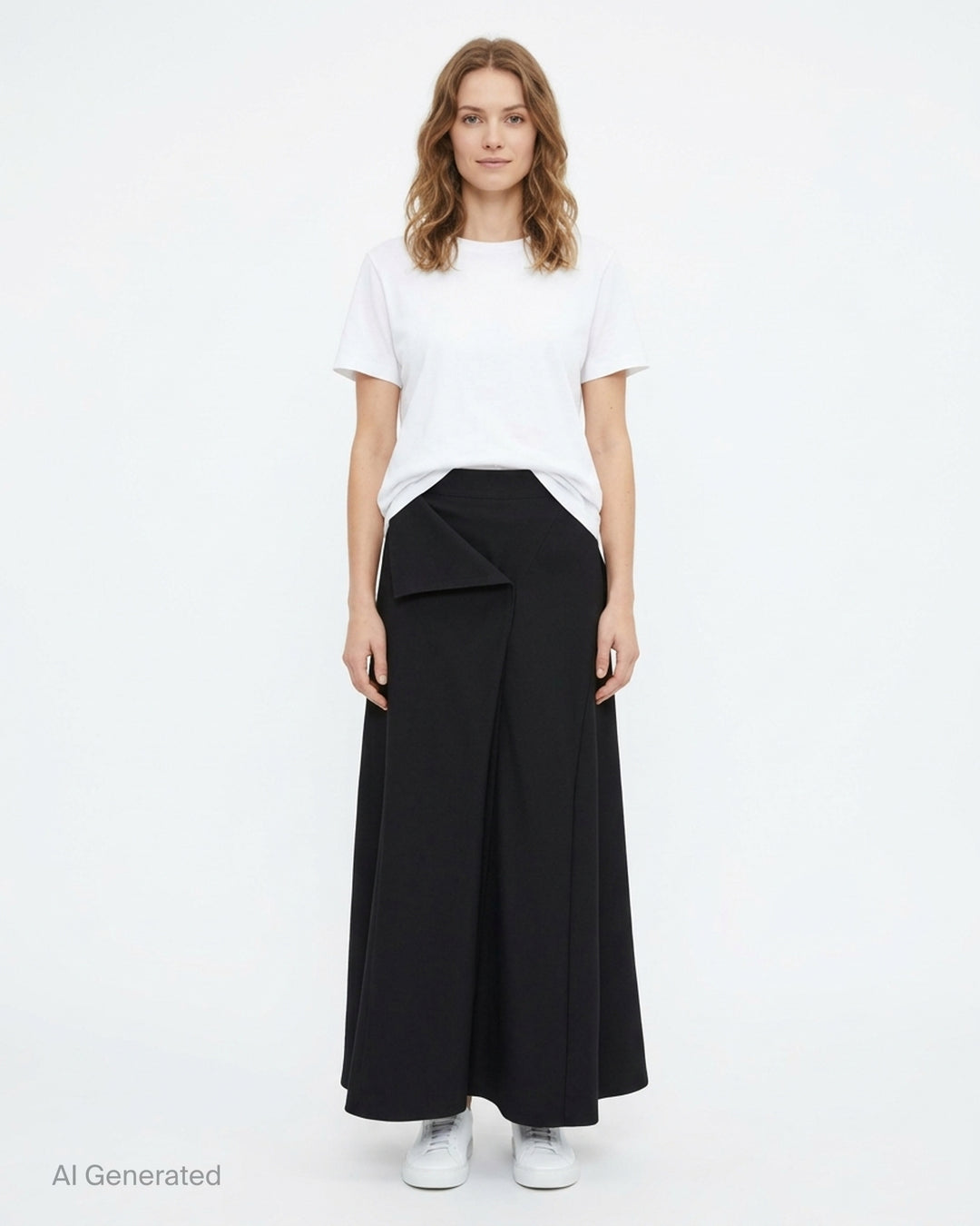 Black draped high-waist maxi skirt by Yohji Yamamoto with an asymmetric cascading panel and white scribble-stitched circle embroidery - front