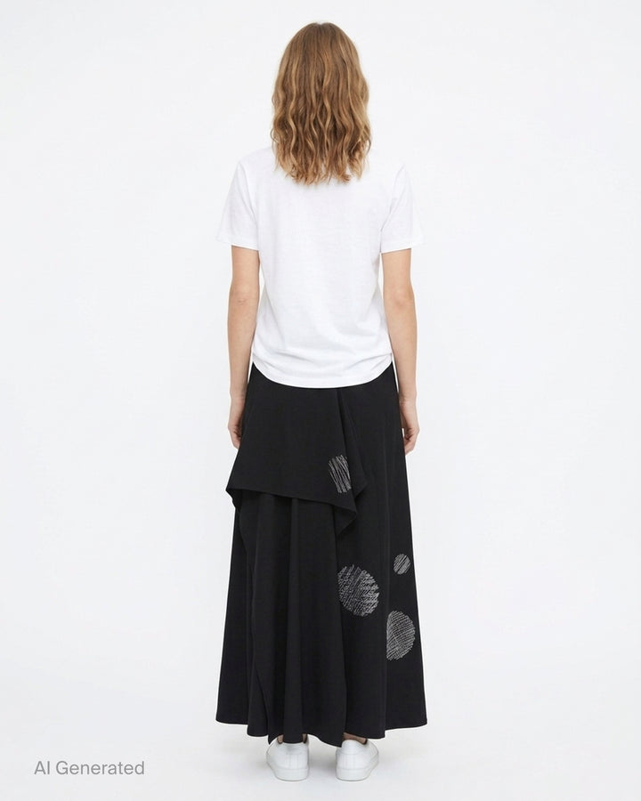 Black draped high-waist maxi skirt by Yohji Yamamoto with an asymmetric cascading panel and white scribble-stitched circle embroidery - back