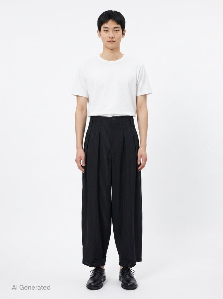 Yohji Yamamoto Hem Tab Wide Tuck Pants in black pinstripe, featuring a high-rise waistband, deep forward pleats, voluminous wide-leg silhouette, and buttoned cuff tab detailing at the hem - front
