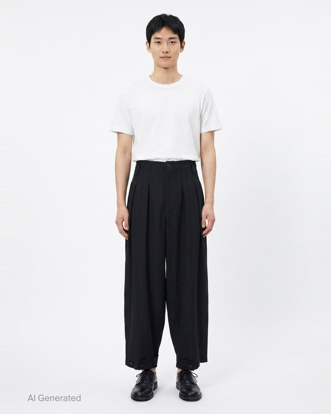 Yohji Yamamoto Hem Tab Wide Tuck Pants in black pinstripe, featuring a high-rise waistband, deep forward pleats, voluminous wide-leg silhouette, and buttoned cuff tab detailing at the hem - front