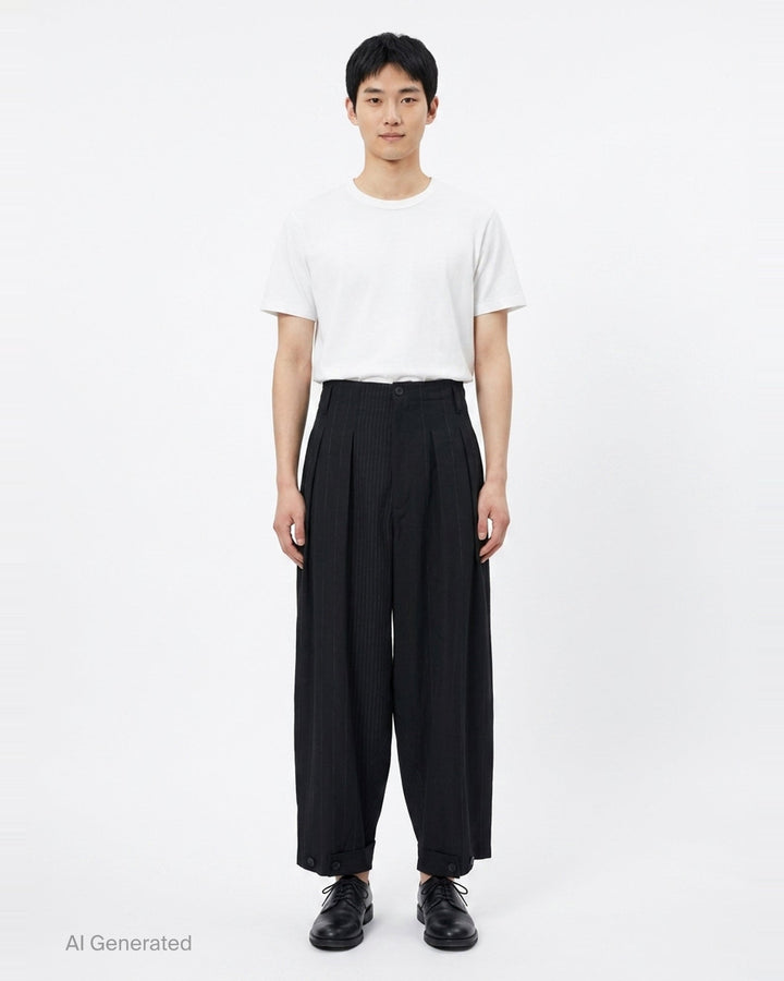 Yohji Yamamoto Hem Tab Wide Tuck Pants in black pinstripe, featuring a high-rise waistband, deep forward pleats, voluminous wide-leg silhouette, and buttoned cuff tab detailing at the hem - front