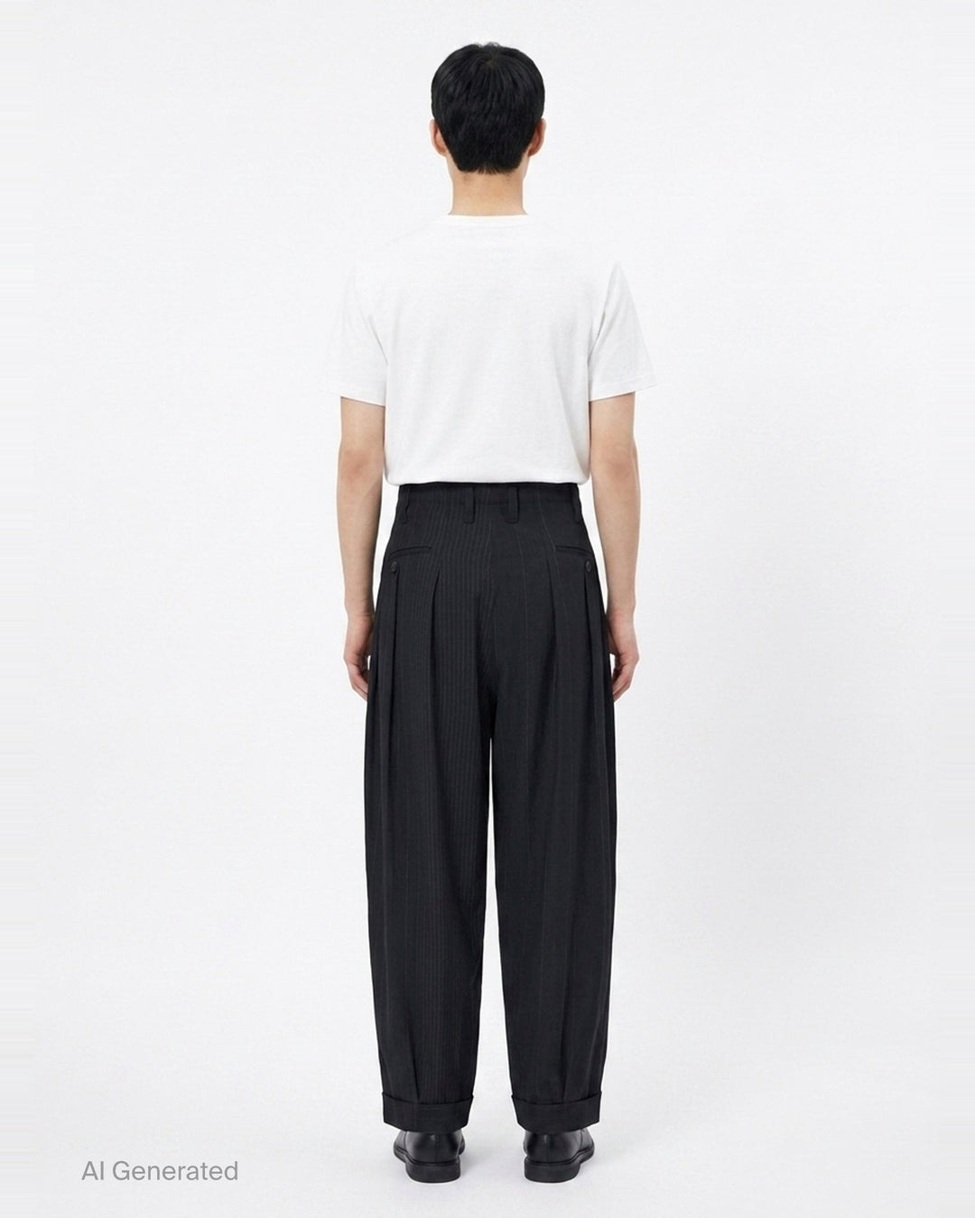 Yohji Yamamoto Hem Tab Wide Tuck Pants in black pinstripe, featuring a high-rise waistband, deep forward pleats, voluminous wide-leg silhouette, and buttoned cuff tab detailing at the hem - back