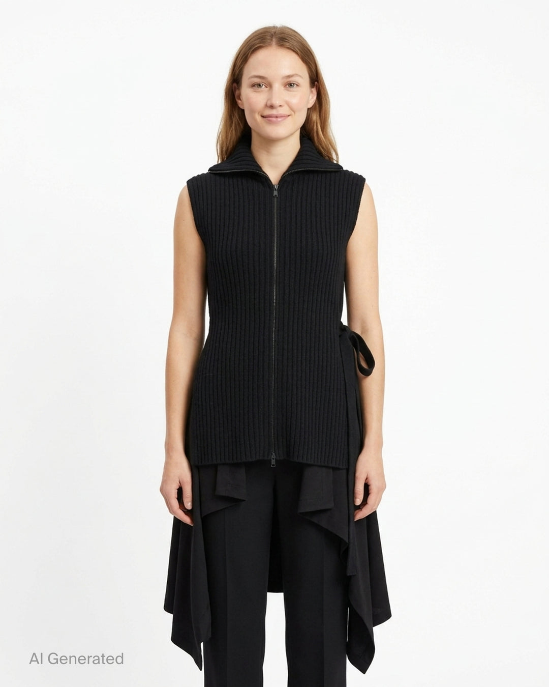 Yohji Yamamoto Knit Combi Kimono Coat featuring a sleeveless ribbed knit zip bodice with a draped asymmetric hem - front