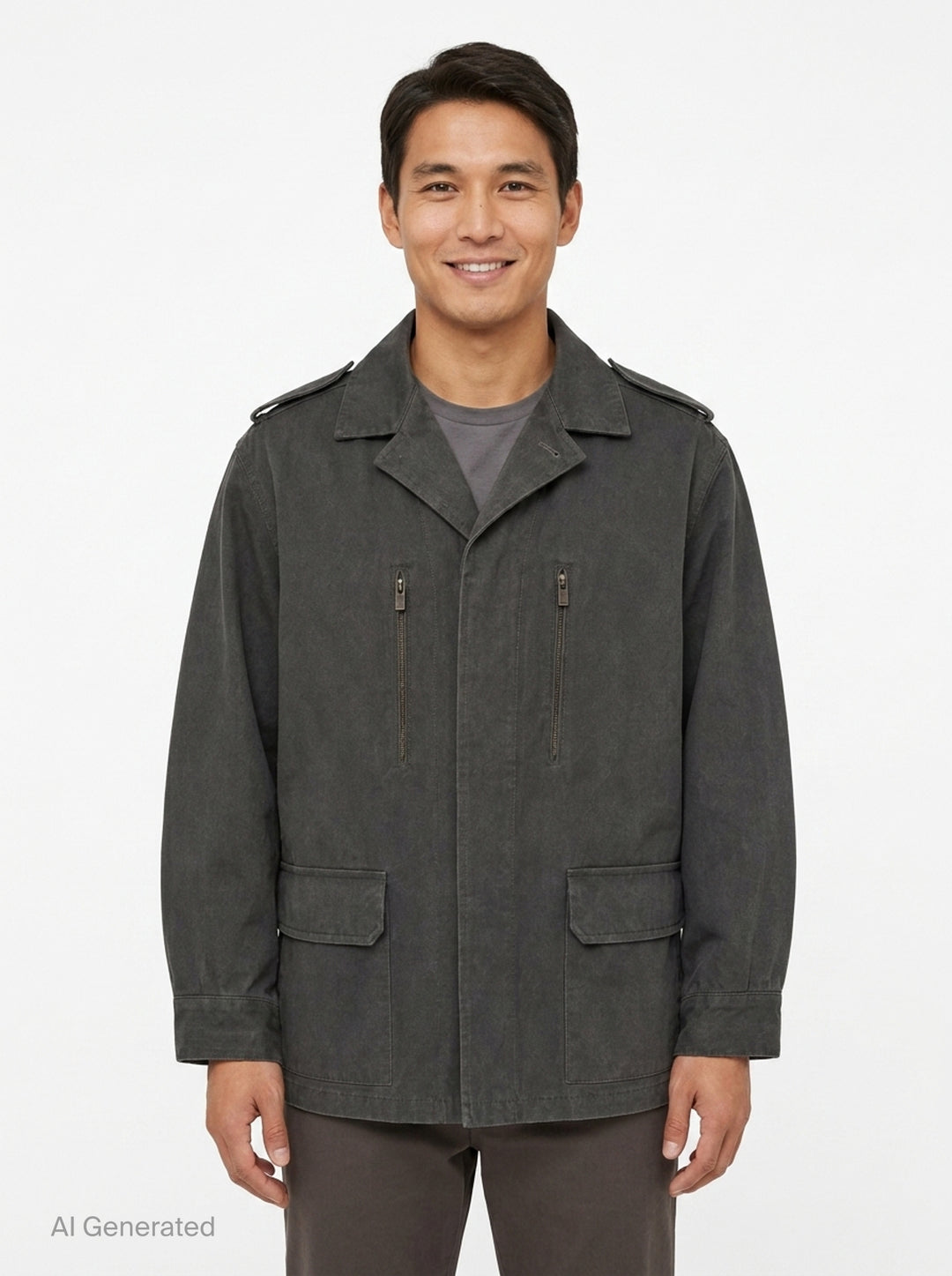 Yohji Yamamoto Military Field Coat in washed charcoal cotton canvas, displayed flat, showing open lapels with mauve lining, zip chest pockets, epaulette shoulders, and large flap cargo pockets - front