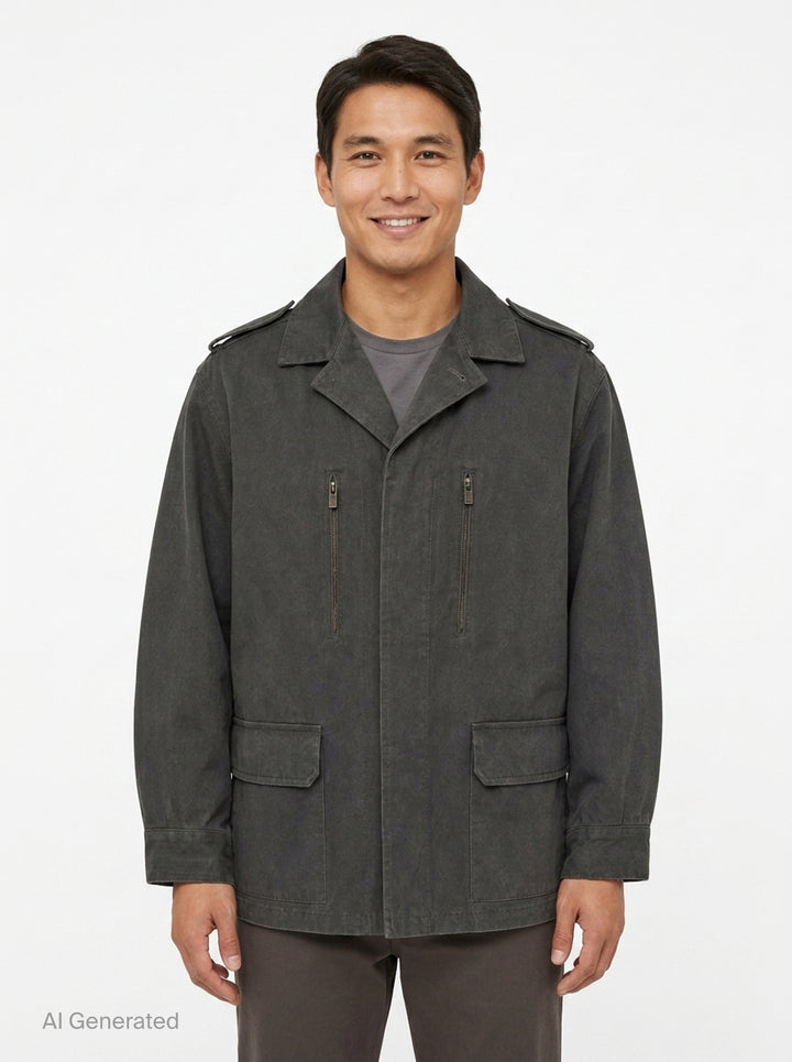 Yohji Yamamoto Military Field Coat in washed charcoal cotton canvas, displayed flat, showing open lapels with mauve lining, zip chest pockets, epaulette shoulders, and large flap cargo pockets - front