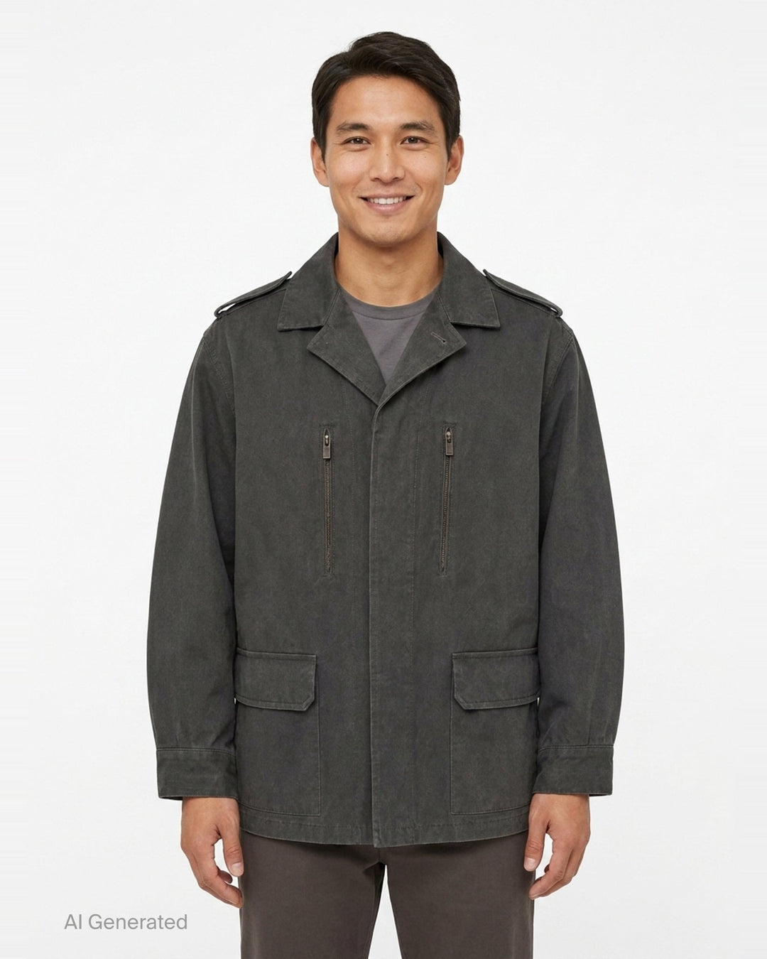 Yohji Yamamoto Military Field Coat in washed charcoal cotton canvas, displayed flat, showing open lapels with mauve lining, zip chest pockets, epaulette shoulders, and large flap cargo pockets - front