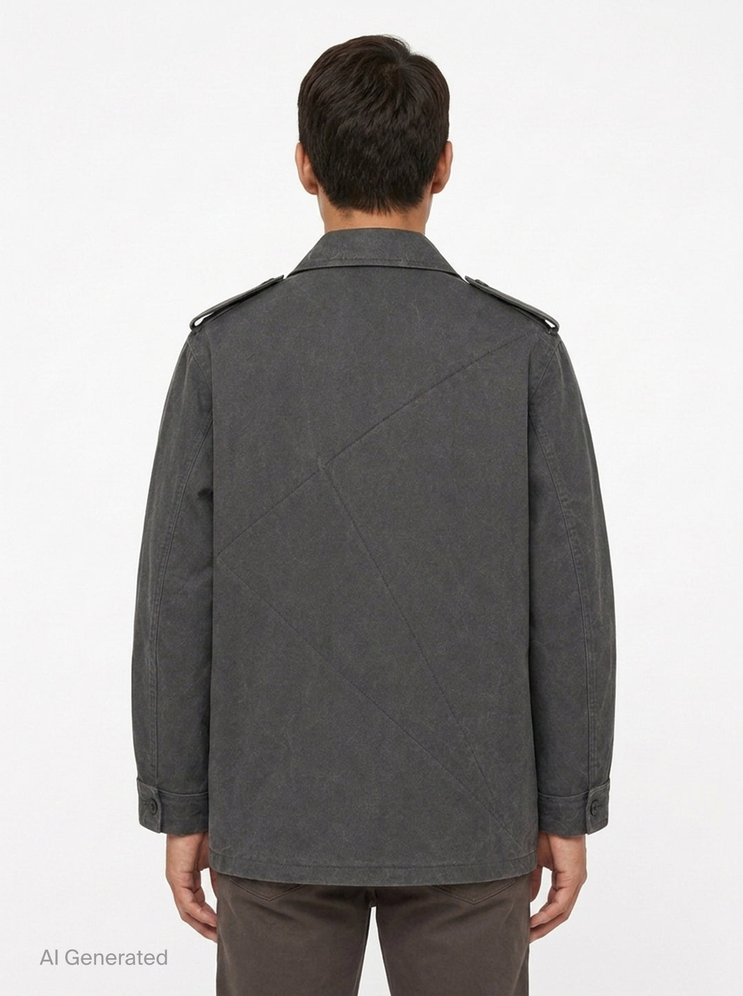 Yohji Yamamoto Military Field Coat in washed charcoal cotton canvas, displayed flat, showing open lapels with mauve lining, zip chest pockets, epaulette shoulders, and large flap cargo pockets - back