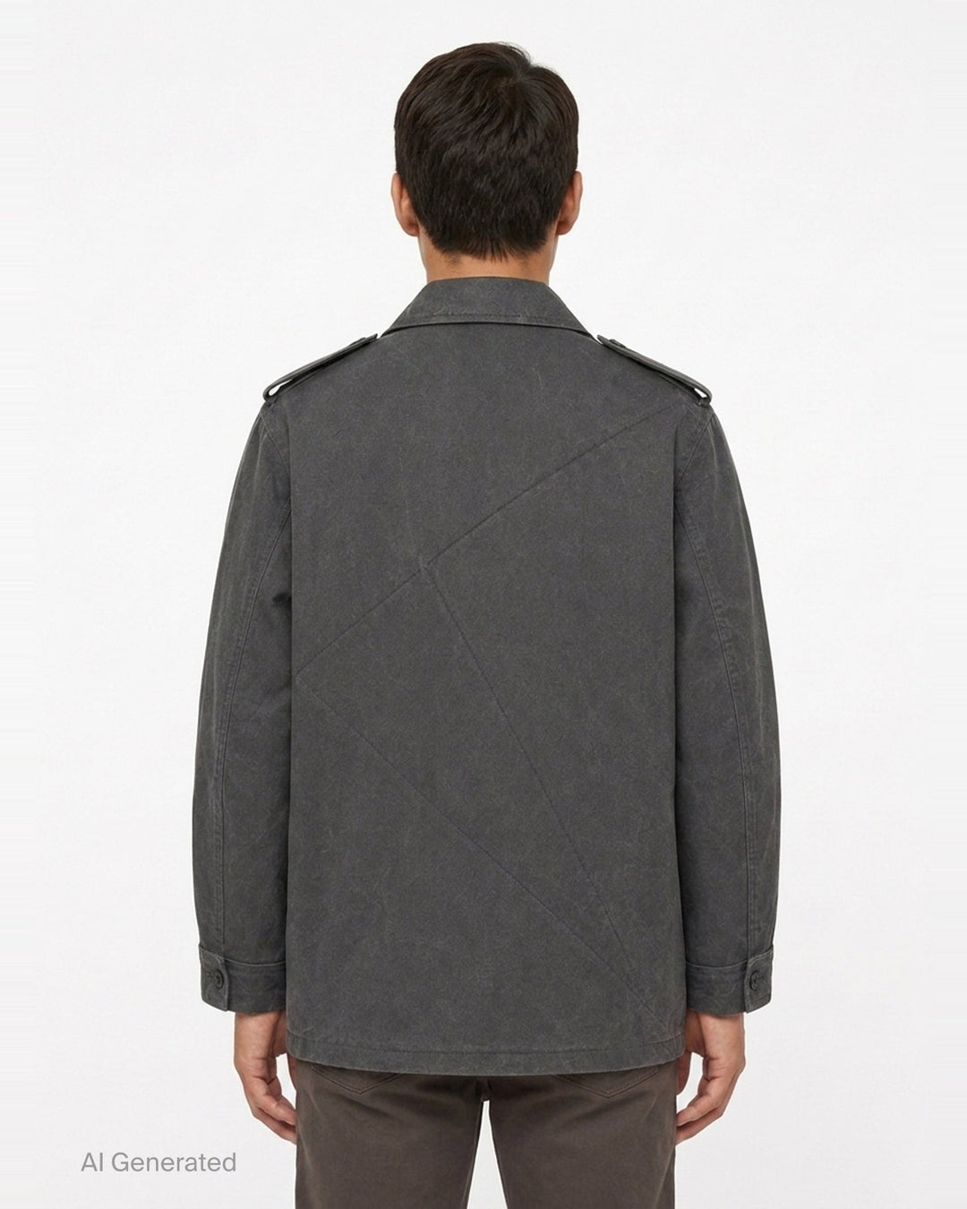 Yohji Yamamoto Military Field Coat in washed charcoal cotton canvas, displayed flat, showing open lapels with mauve lining, zip chest pockets, epaulette shoulders, and large flap cargo pockets - back