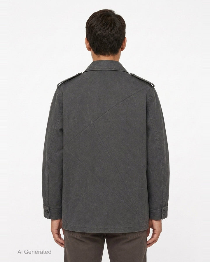 Yohji Yamamoto Military Field Coat in washed charcoal cotton canvas, displayed flat, showing open lapels with mauve lining, zip chest pockets, epaulette shoulders, and large flap cargo pockets - back