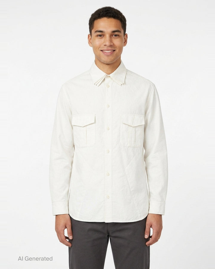 Yohji Yamamoto Padded Triple Collar Blouse in off-white, featuring layered fanned collar leaves, tonal button-front placket, and dual angular chest pocket flaps - front