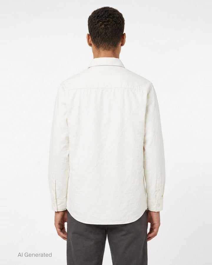 Yohji Yamamoto Padded Triple Collar Blouse in off-white, featuring layered fanned collar leaves, tonal button-front placket, and dual angular chest pocket flaps - back