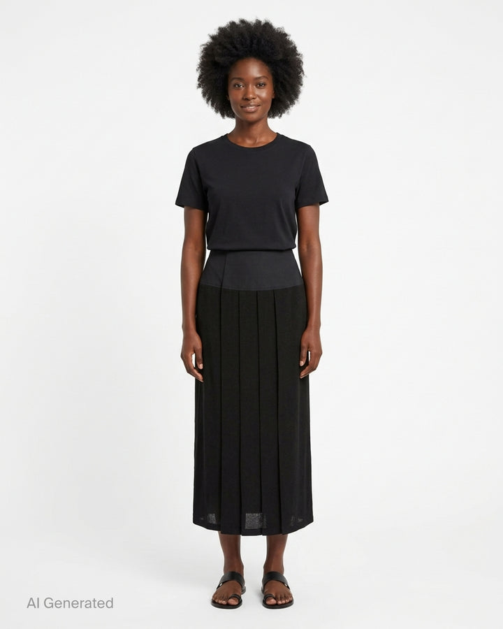 Yohji Yamamoto black pleated midi under skirt for kimono with a structured wide waistband, front view - front