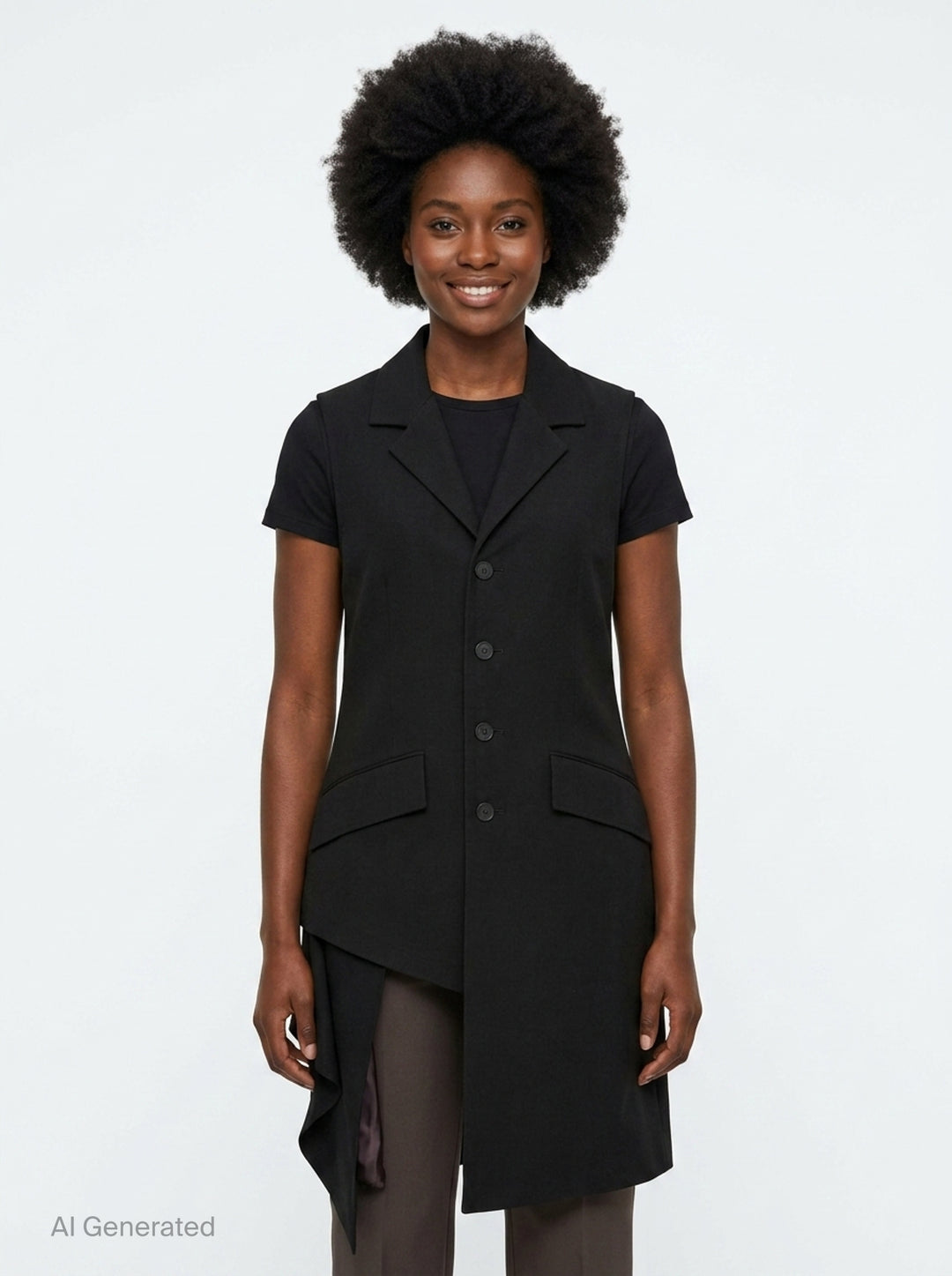 Yohji Yamamoto sleeveless long jacket in black with notched lapels, four-button front closure, flap hip pockets, and an asymmetric draped hem with dark lining, displayed on a white background - front