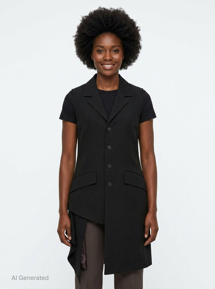 Yohji Yamamoto sleeveless long jacket in black with notched lapels, four-button front closure, flap hip pockets, and an asymmetric draped hem with dark lining, displayed on a white background - front