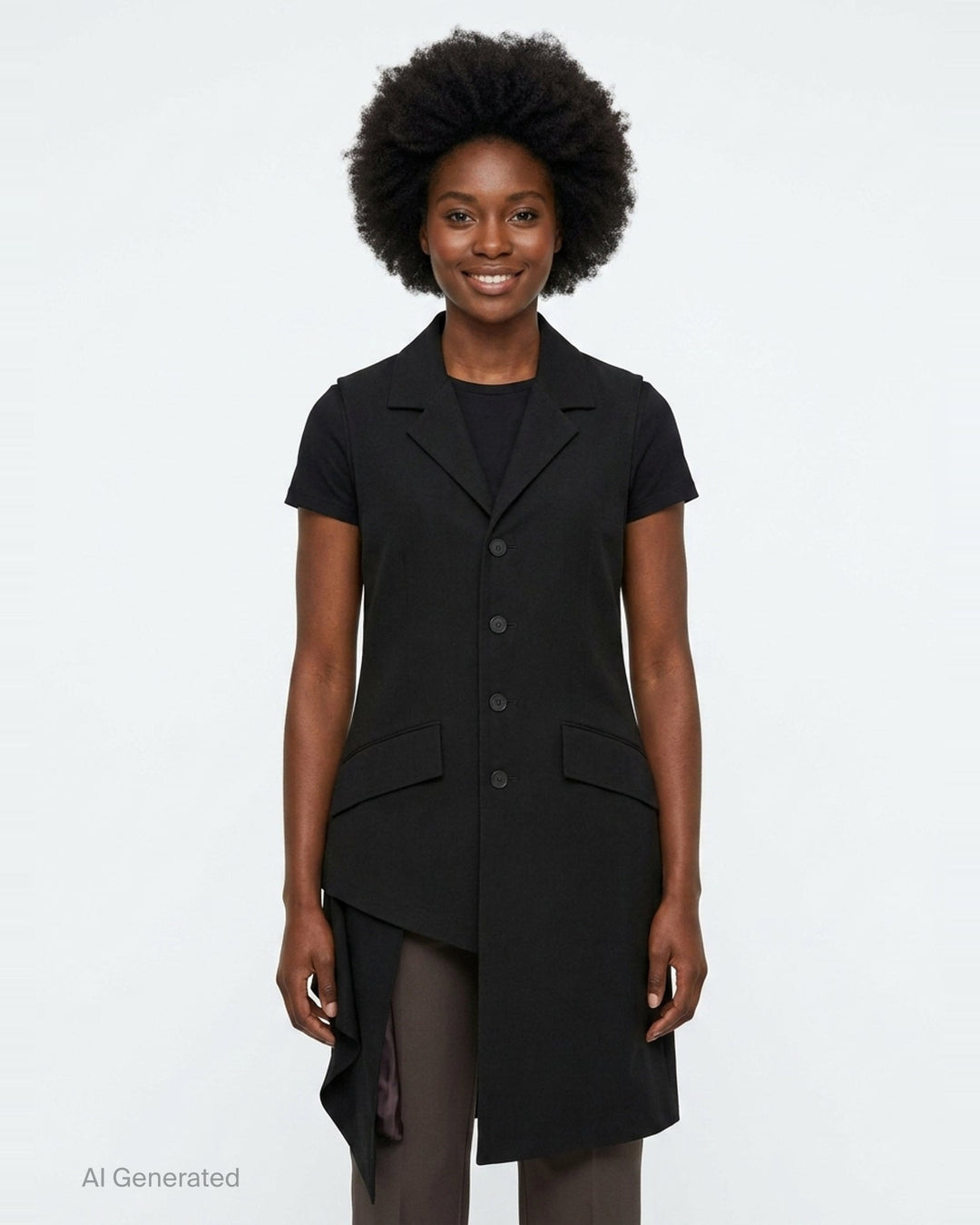 Yohji Yamamoto sleeveless long jacket in black with notched lapels, four-button front closure, flap hip pockets, and an asymmetric draped hem with dark lining, displayed on a white background - front