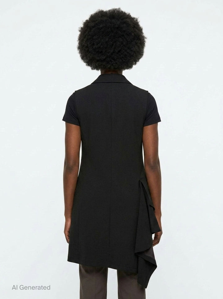 Yohji Yamamoto sleeveless long jacket in black with notched lapels, four-button front closure, flap hip pockets, and an asymmetric draped hem with dark lining, displayed on a white background - back